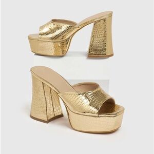 Gold Crocodile Embossed Chunky Platform Mules 4 inches size 40